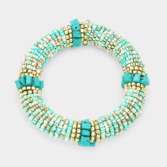 Natural Stone Blue Seed Beaded Stretch Bracelet - Picture 3 of 5